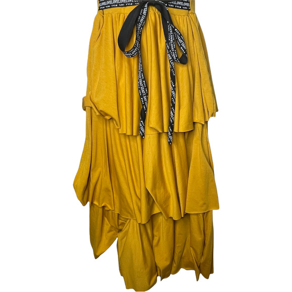 SHEIN Mustard Yellow Layered Ruffle Dress with Black "Love" Belt Size Small - Picture 2 of 8